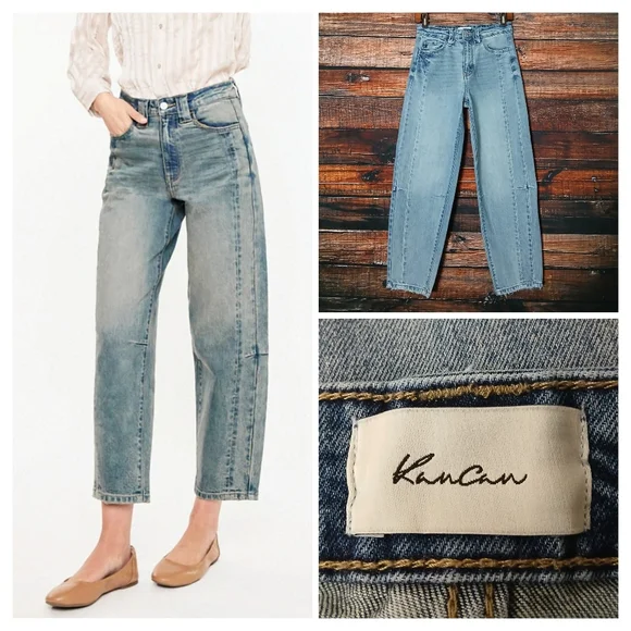 Kancan Jeans 3 25 Cecilia High Rise Slim Barrel Distressed Blue Denim Stretch - Picture 1 of 8